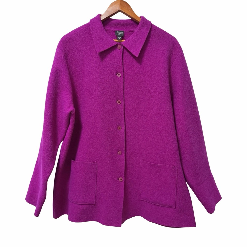 Eileen Fisher Boiled Wool Button Front Jacket Size 1X Magenta Pink Lagenlook